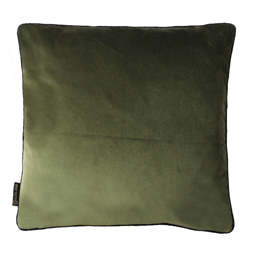 Reverse, plan olive green with black piping, on velvet cushion cover