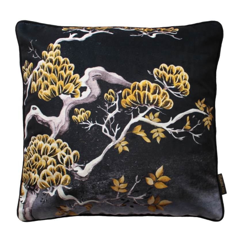 Midnight Orient Tree cushion cover. Black background with a golden tree off centre on velvet