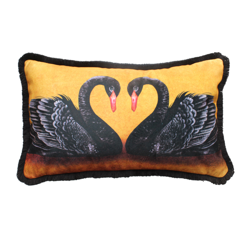 The Swan Lovers cushion, where the two black swans face each other creating a love heart with their necks.