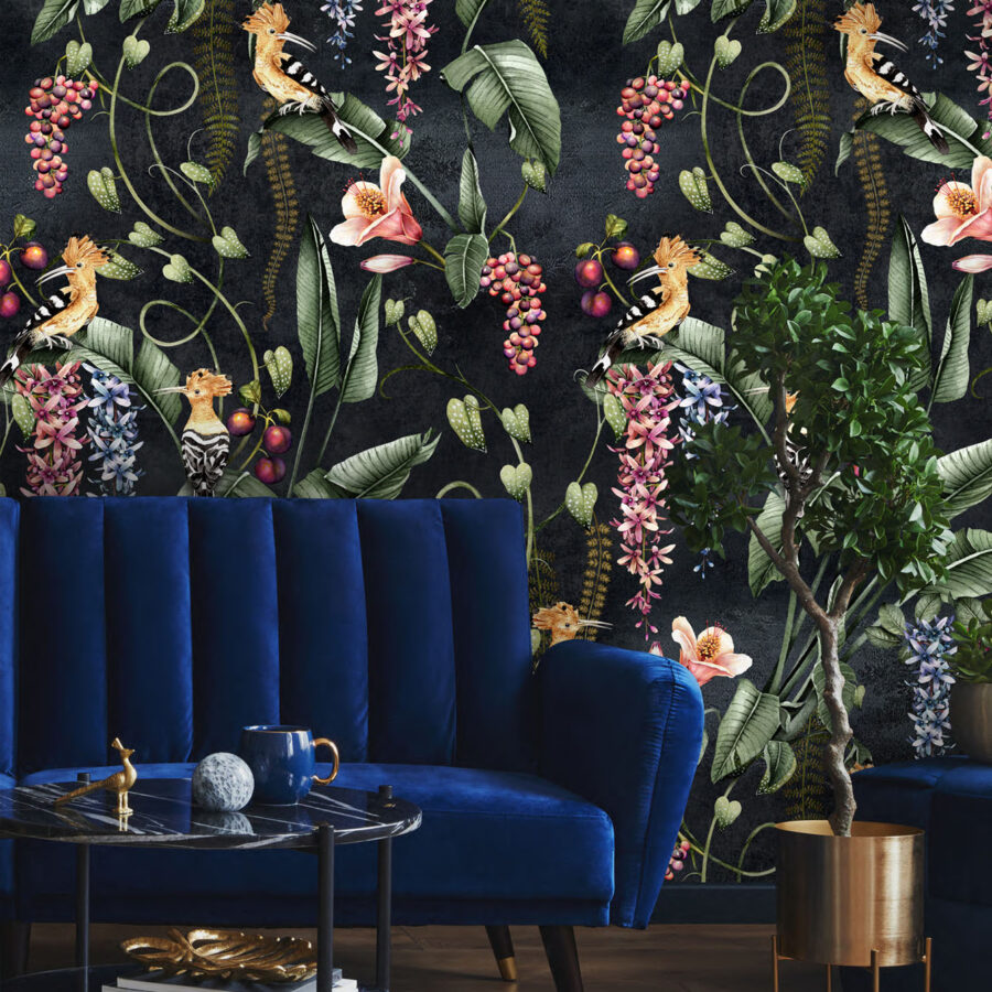 Hoopoe Garden wallpaper in a living room with an electric blue sofa