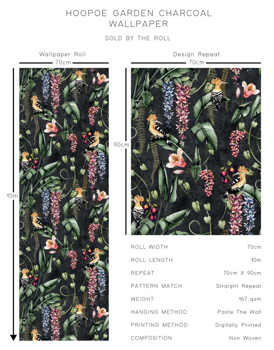 Hoopoe Garden Charcoal Wallpaper - Image 3