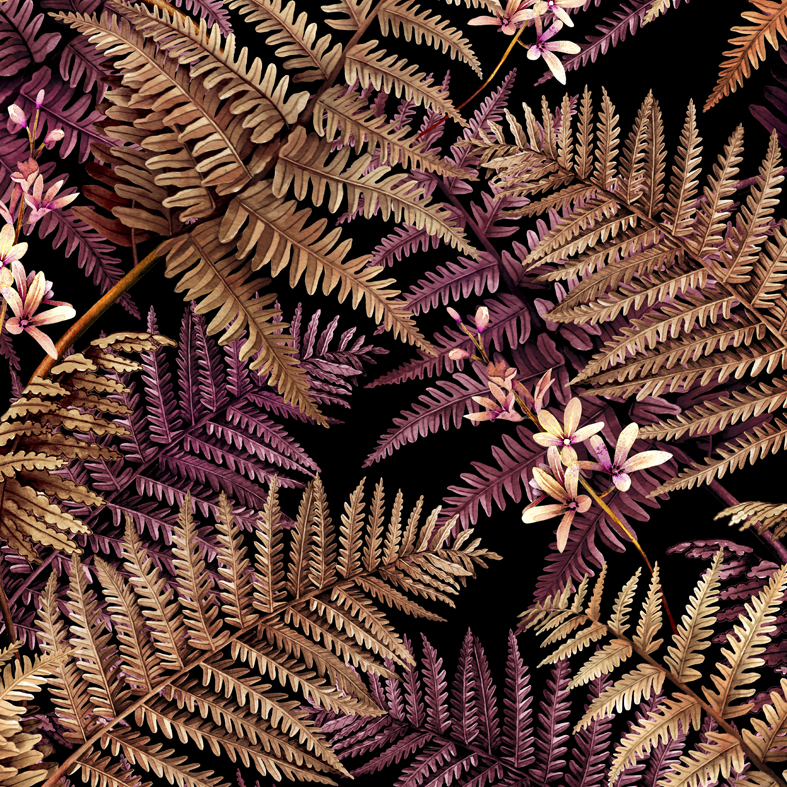 Bridgewater fern wallpaper repeat tile in amber and violet