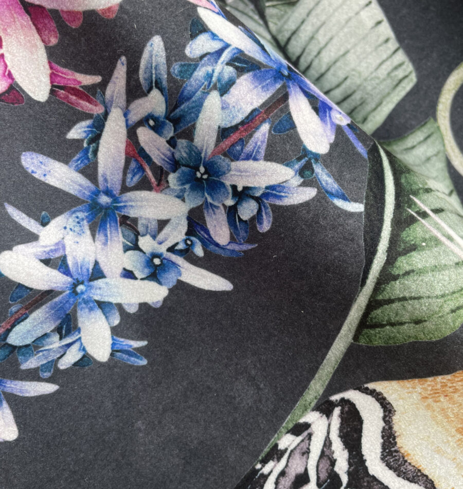 The hoopoe charcoal shimmer velvet on a textured black background with pops of colour