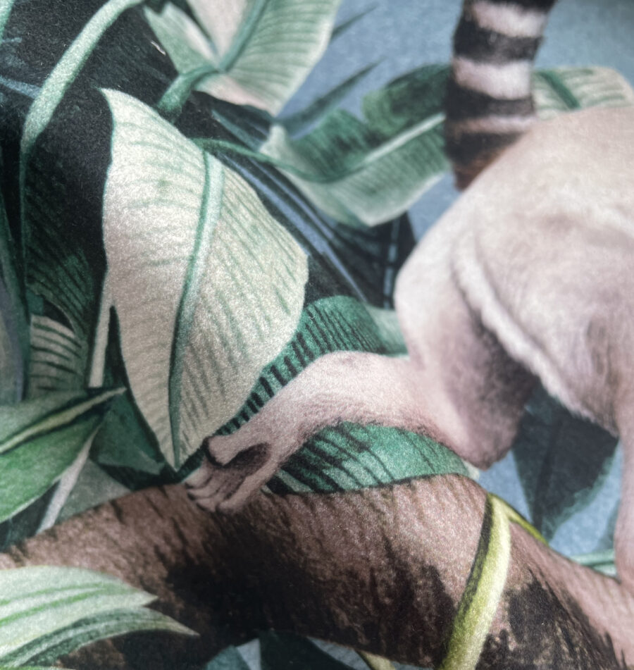 Leaping Lemurs on shimmer velvet in teals and emerald green hues