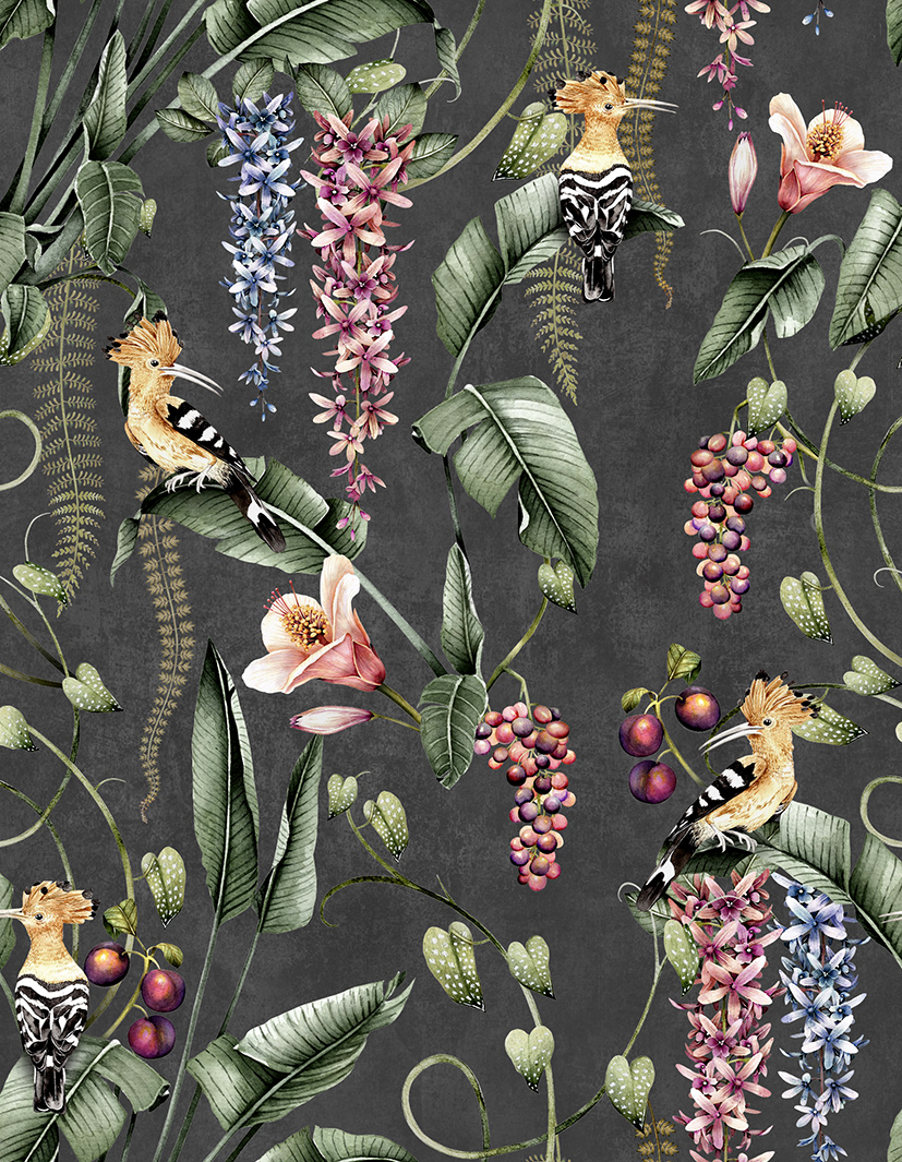Hoopoe Garden Charcoal Recycled Velvet