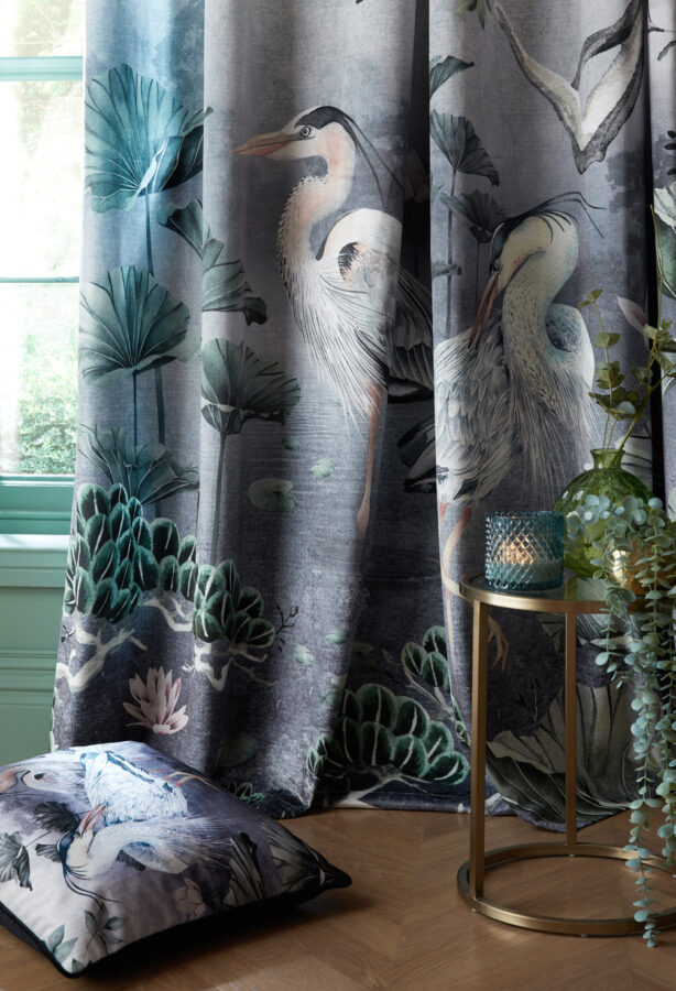 Orient Daybreak curtains close up with matching cushion