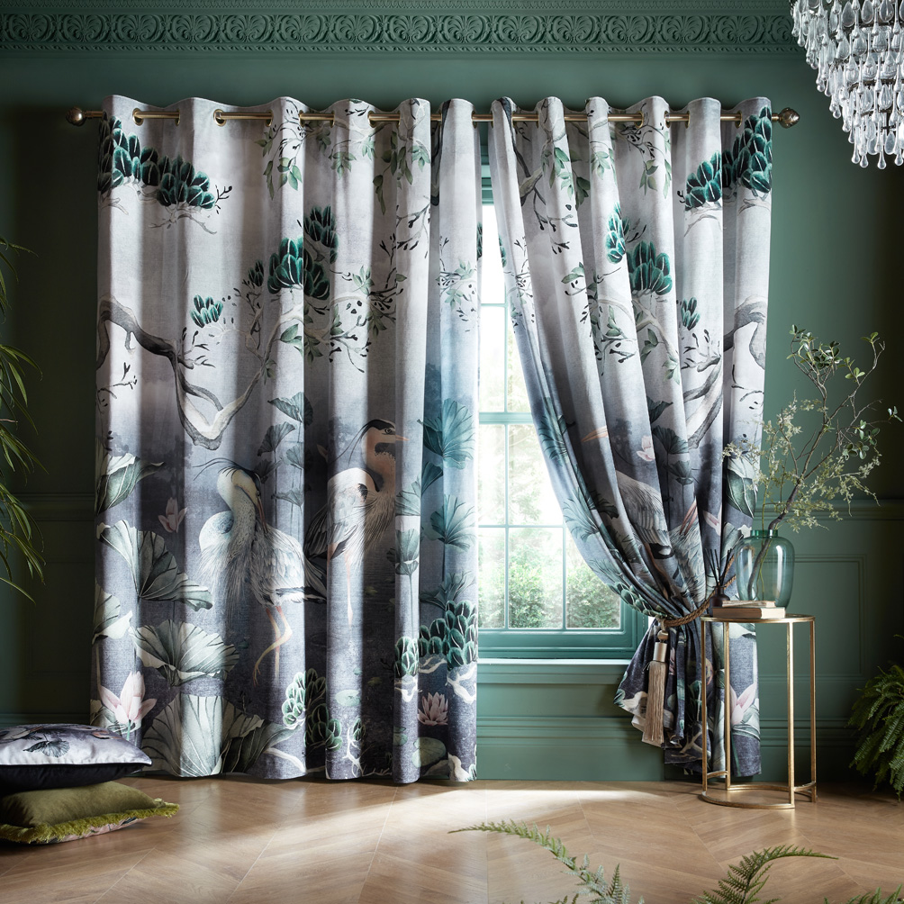 orient daybreak design on velvet curtains in lounge area