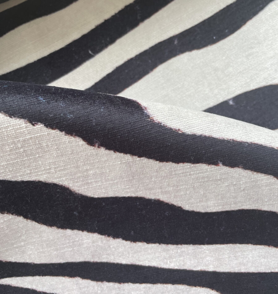 Bold zebra design on recycled velvet fabric