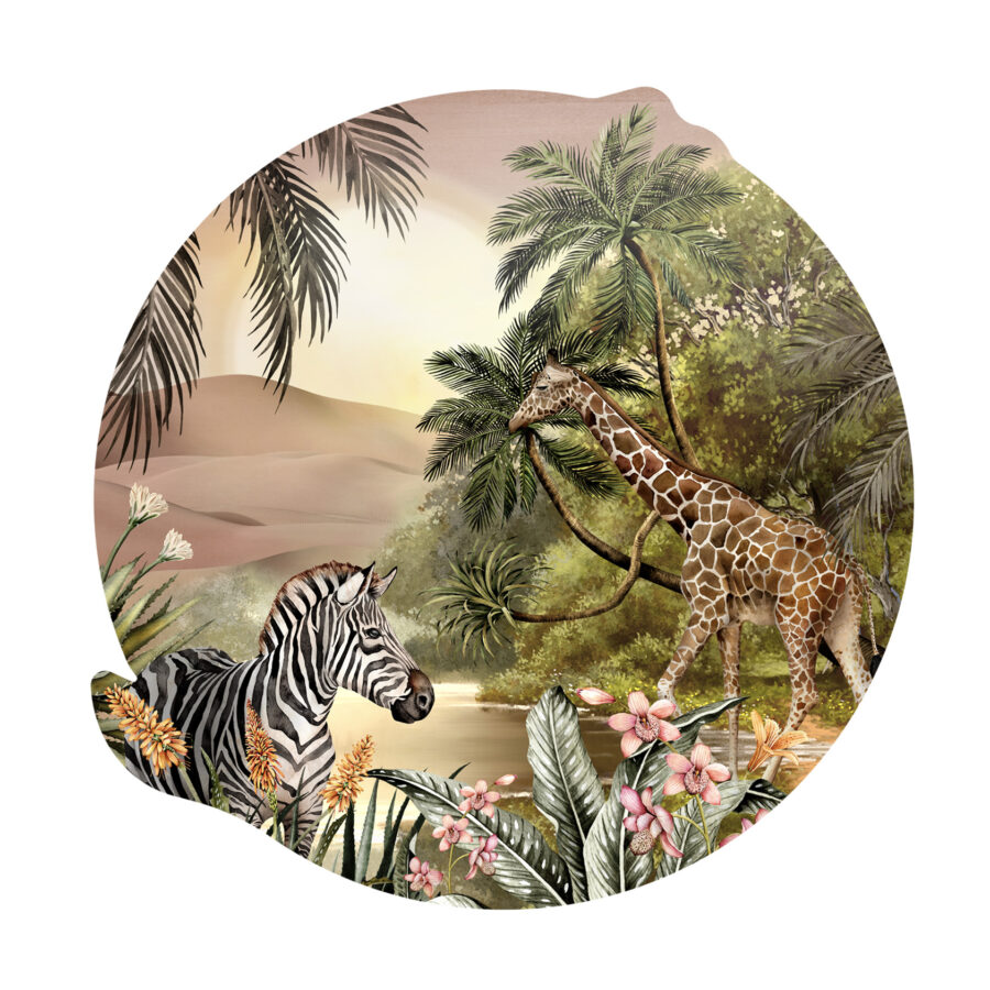 a wall decal where a zebra and giraffe gaze upon the savanna sunrise