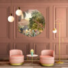 Savanna Sunrise wall decal on a panelled wall with two pink tub chairs