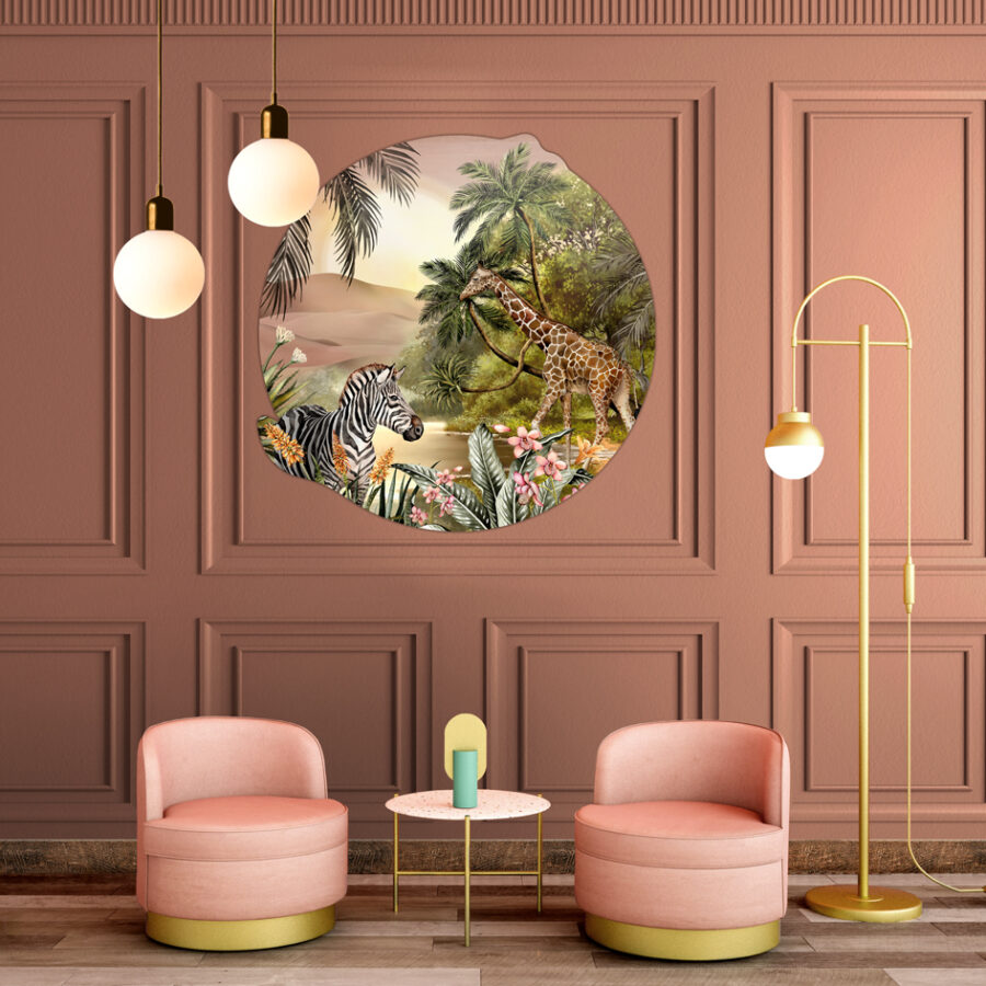 Savanna Sunrise wall decal on a panelled wall with two pink tub chairs