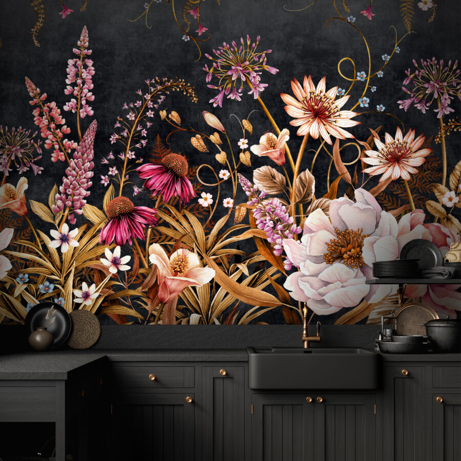 Bodacious Blooms Noir Mural as a feature wall in a black and gold kitchen roomiest