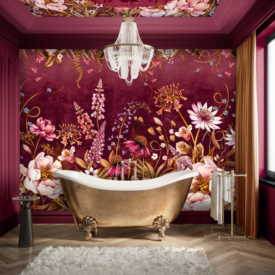 Viva Magenta luxurious colour way consisting of gold meandering blooms.