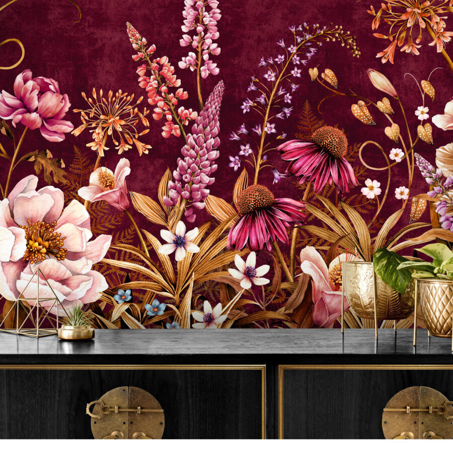 Bodacious Blooms Magenta mural behind a black and gold chest table