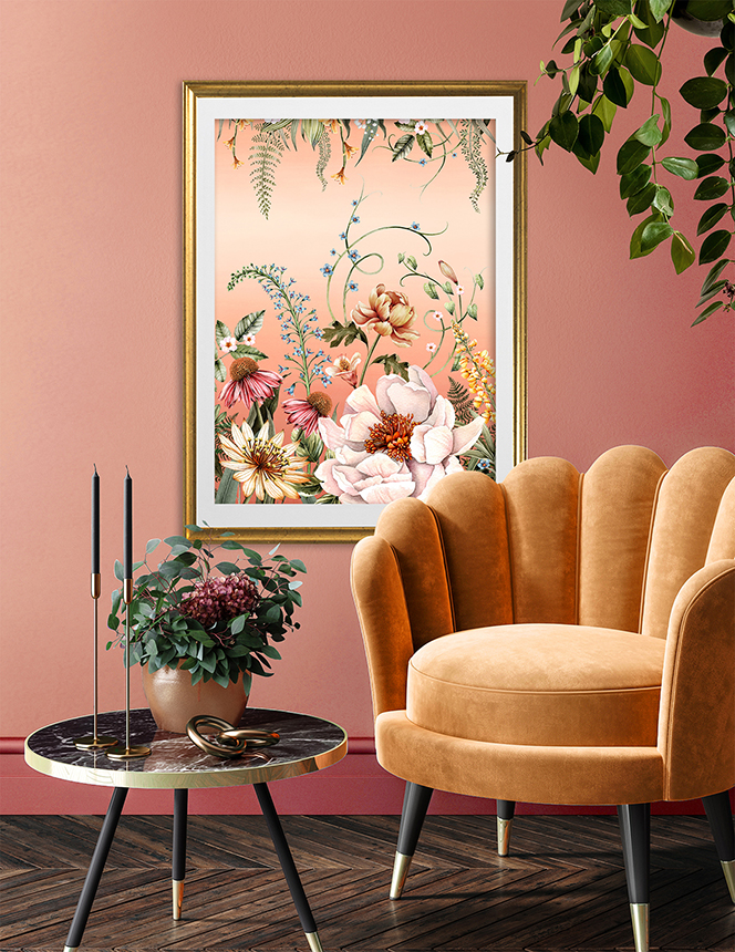 Blush Blooms Art Print in a room with a orange shell chair and side table
