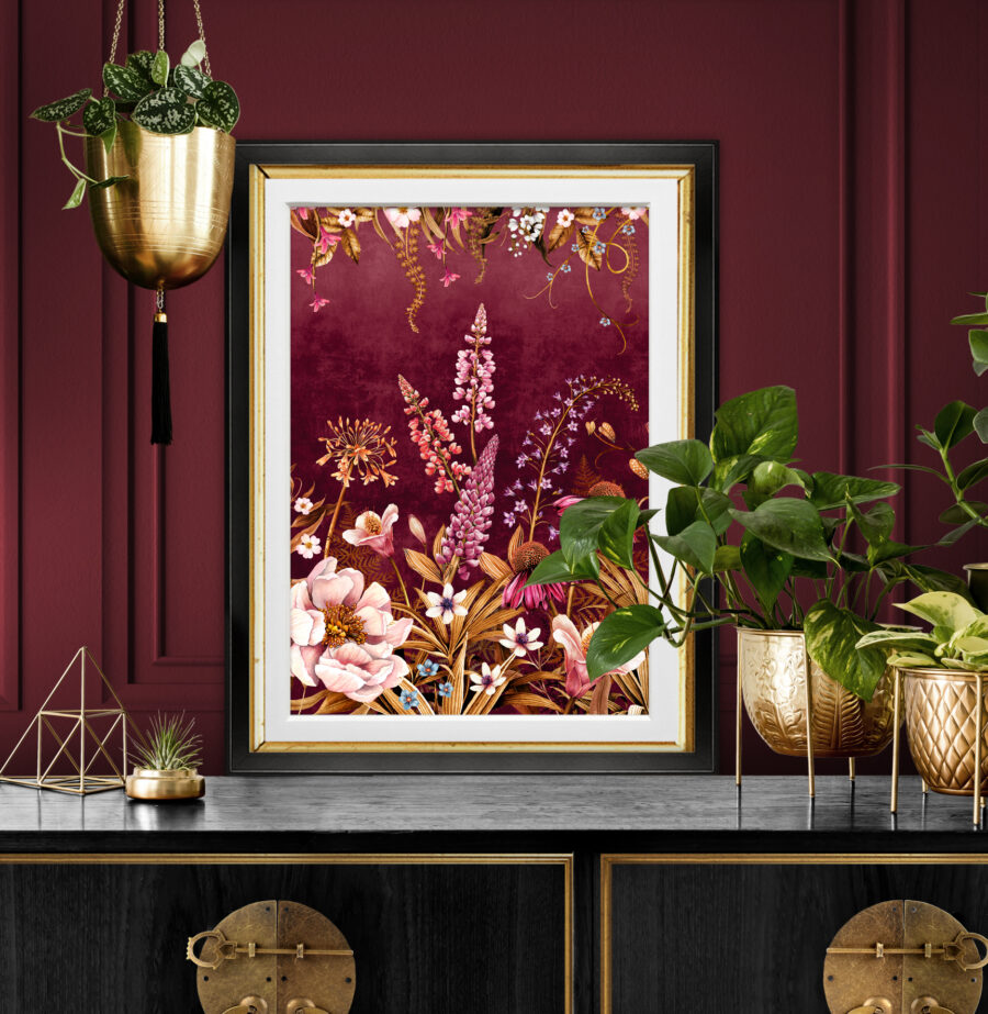 Magenta blooms art print on a opulent side table next to a magenta panelled wall