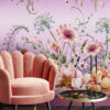 Bodacious Blooms Lavender wall mural with blush pink scallop chair and coffee table