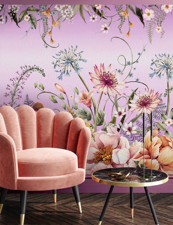 Bodacious Blooms Lavender wall mural with blush pink scallop chair and coffee table