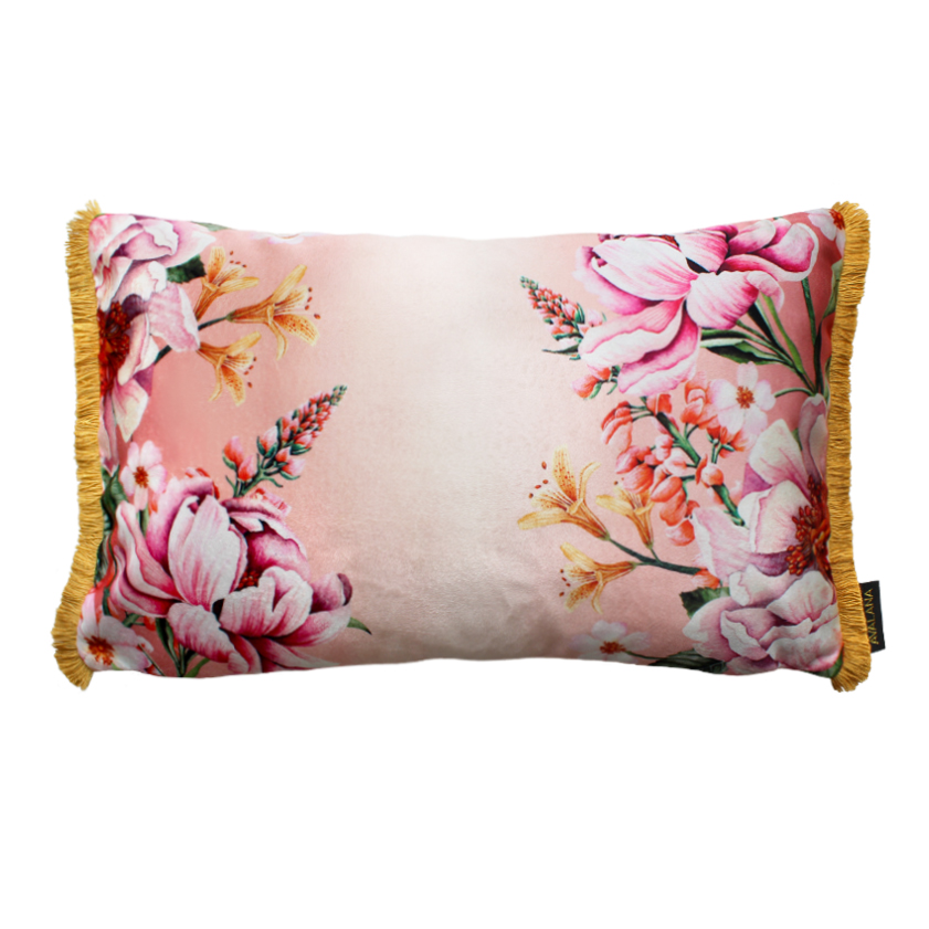 Blush blooms fringe velvet cushion cover. A blush ombre background with handprinted florals growing in from the side