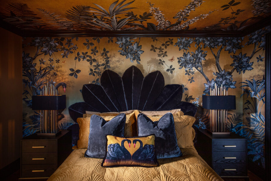 Avalana Design Lake Santharia wall mural show on a bedroom wall and styled with an Avalana Design Swan Lovers cushion
