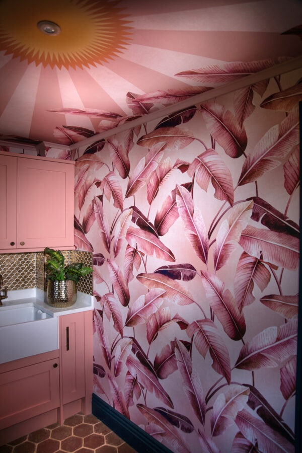 Avalana Design Pink Banana Leaves wall mural in utility room
