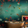Koi Fish wallpaper in teals and turquoise with red acer leaves at the top and bottom.