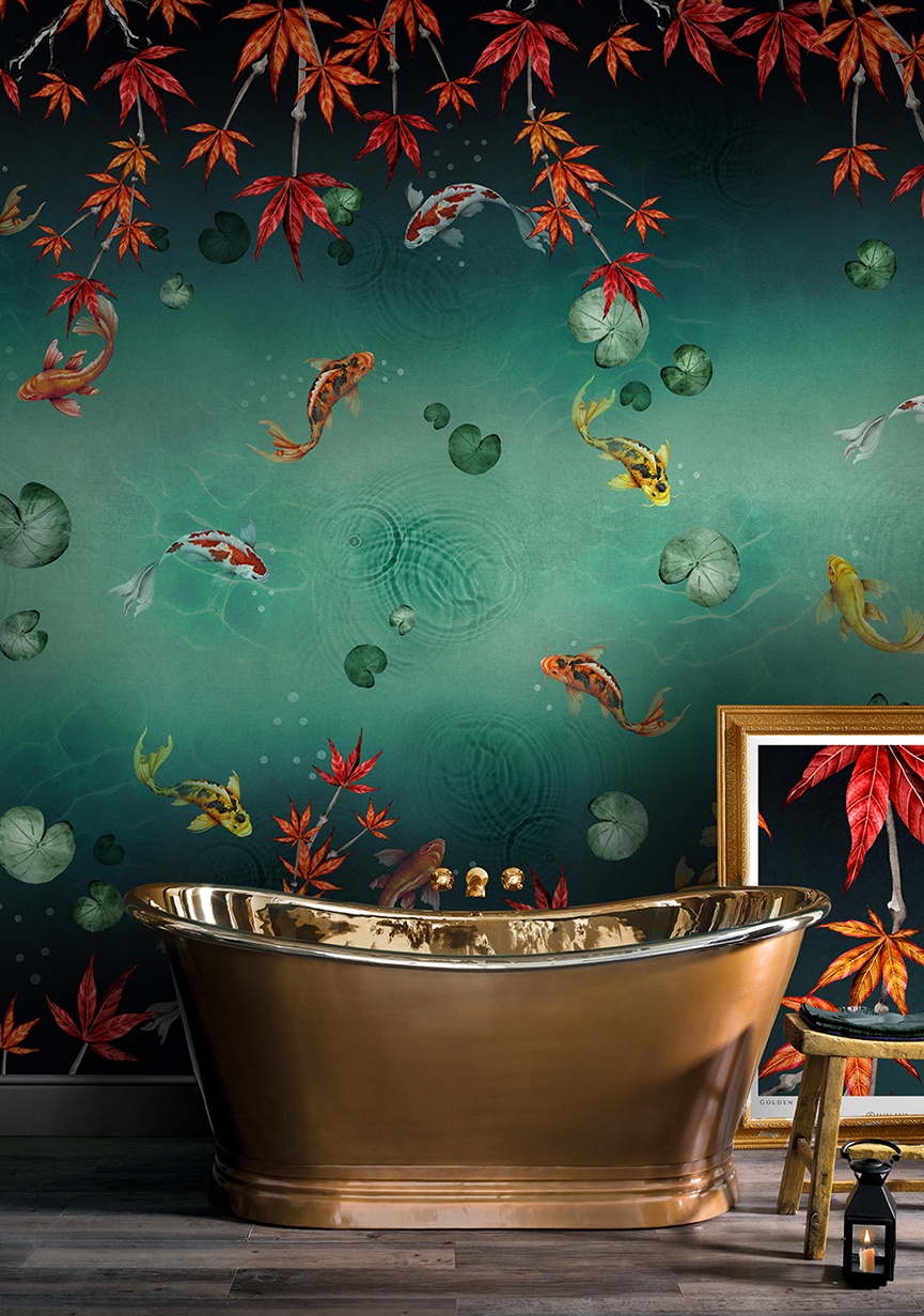 Koi Fish wallpaper in teals and turquoise with red acer leaves at the top and bottom.
