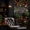 Black, gold and orange koi fish wallpaper mural in moody living room