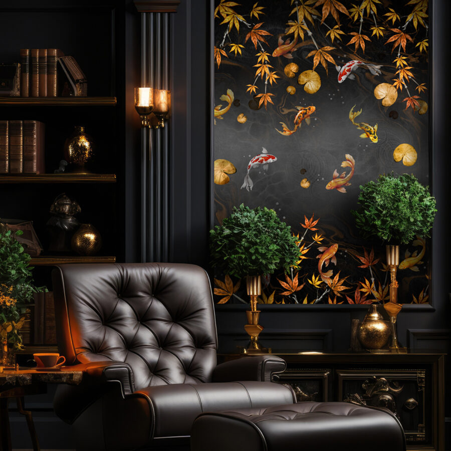 Black, gold and orange koi fish wallpaper mural in moody living room
