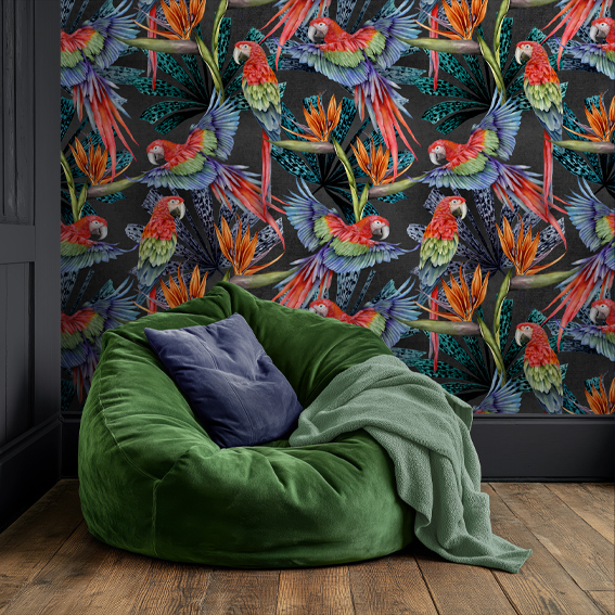 Macaw Canopy Noir Wallpaper Sample